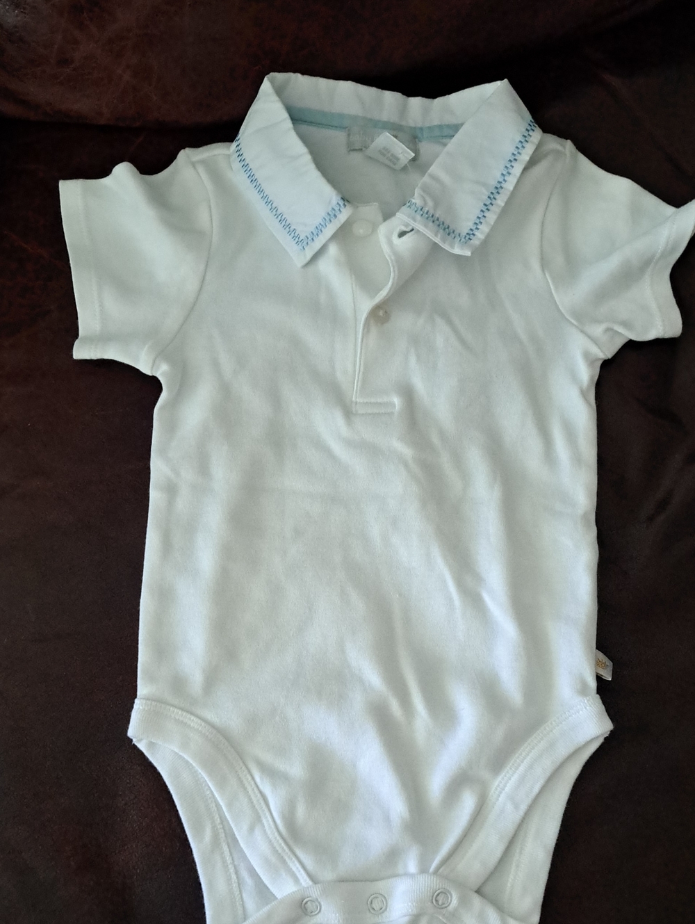 Baby Luxuries 12 Months White Polo-Style Baby One-Piece with Blue Trim